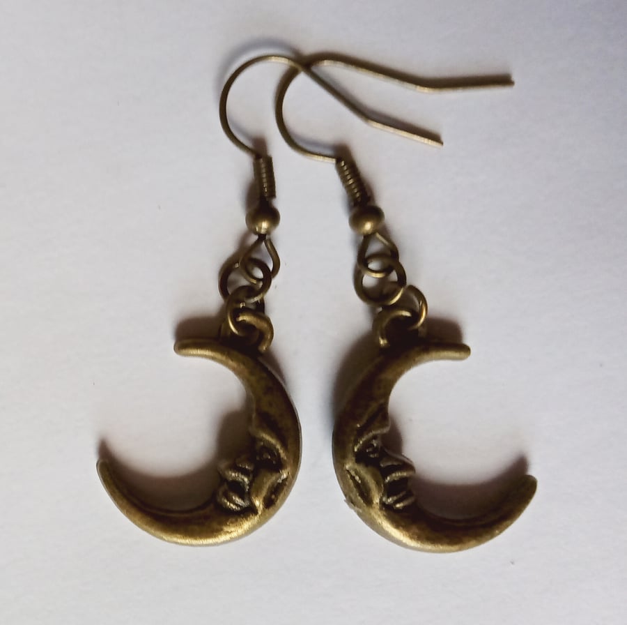 Bronze Smiling Moon Face Drop Celestial Charm Earrings