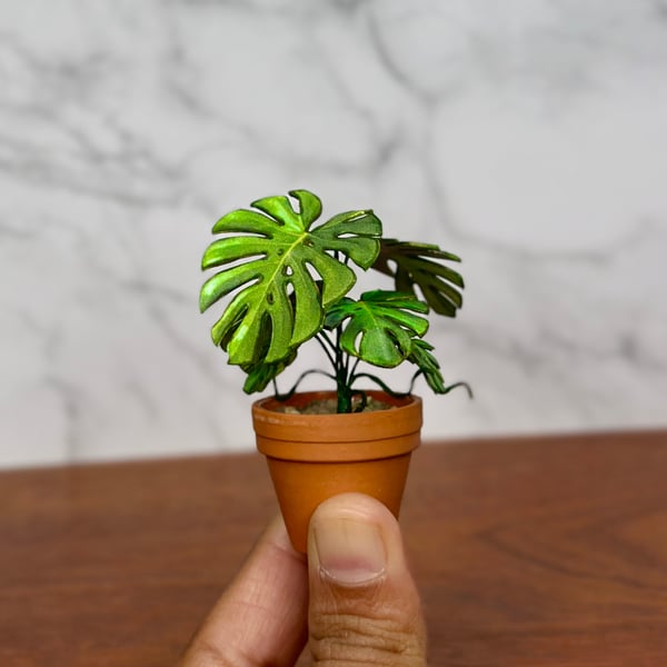 Miniature Monstera Plant - Handmade , 1:12 Scale, Dollhouse plant