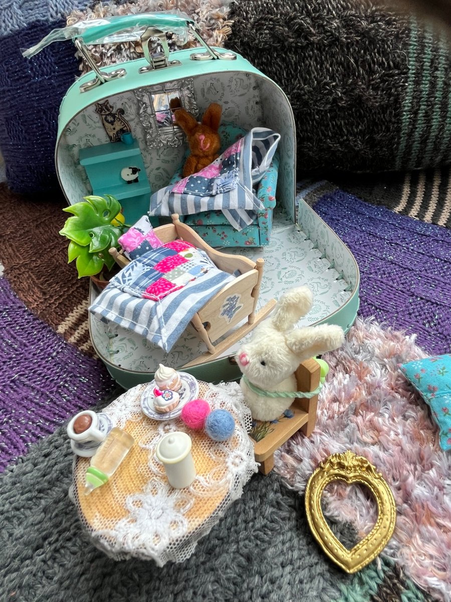 Baby rabbit Nursery doll's house in a suitcase 