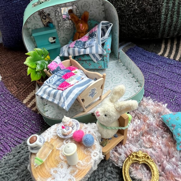 Baby rabbit Nursery doll's house in a suitcase 