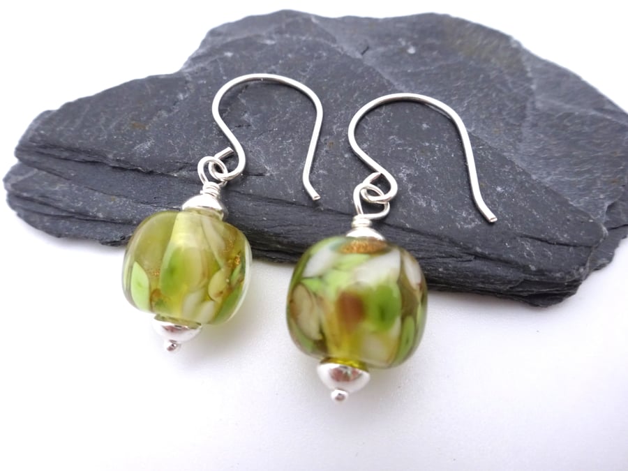 lampwork glass green speckled earrings