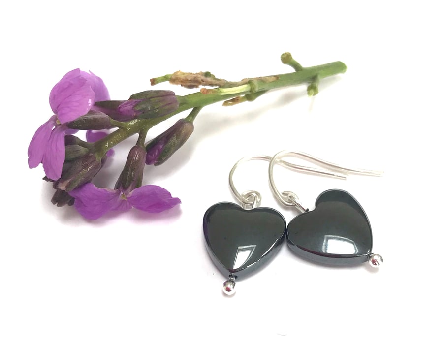 Sterling Silver Hematite Heart Earrings