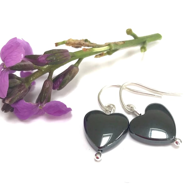 Sterling Silver Hematite Heart Earrings