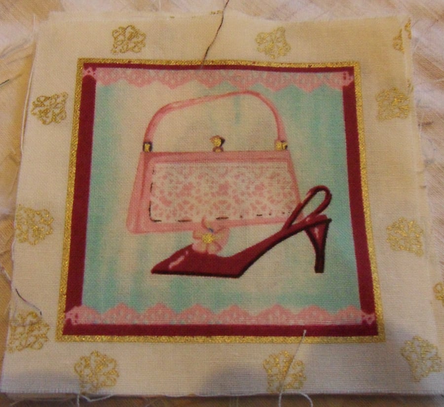 100% cotton fabric squares.Pink shoes, bag (79)