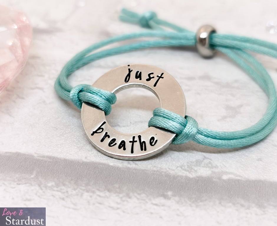 JUST BREATHE Hand Stamped Pewter Bracelet