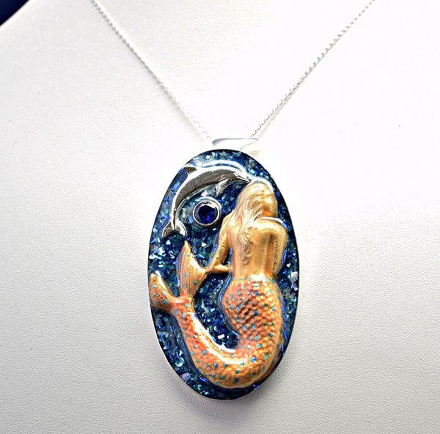 ‘Love of the Sea’ Mermaid Pendant Necklace in Resin and Handmade Fine Silver