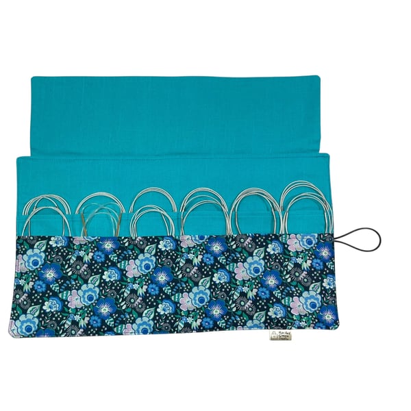 Circular needle case made from Liberty floral fabric, fixed circular sock needle