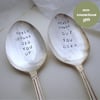 Pair of garden labels, humorous plant pot markers, handstamped vintage spoons