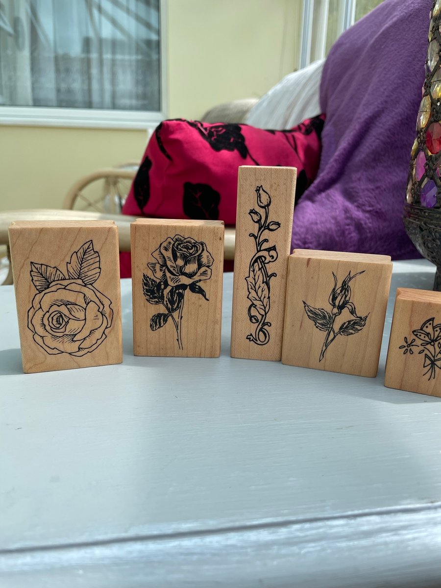 Set of 5 floral wood mounted red rubber stamps