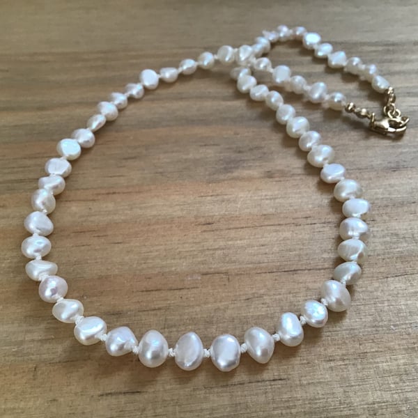 Freshwater Ivory Baroque Pearl and Gold Filled hand knotted silk necklace 18”