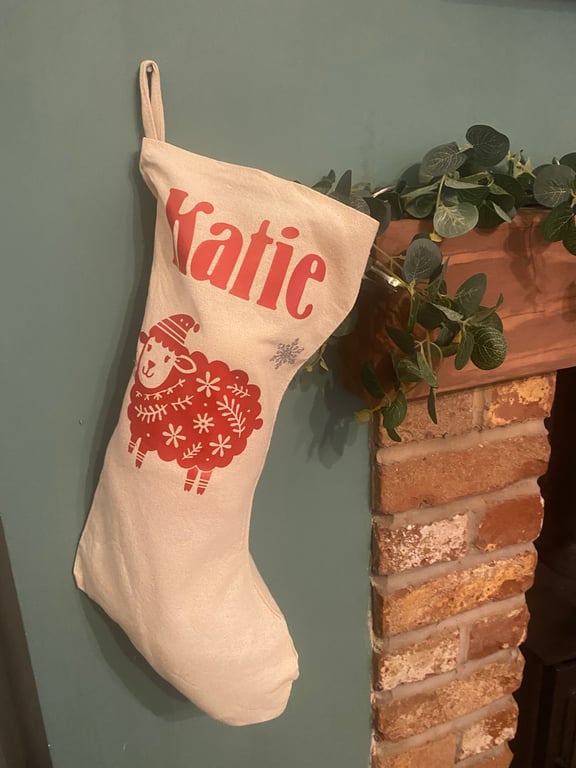 Sheep themed personalised Christmas Stocking