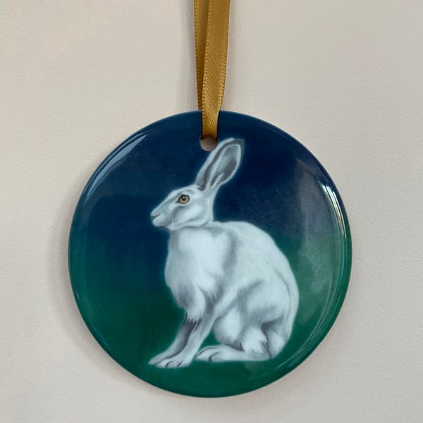 Ceramic HARE tree decoration - white hare hanging ornament, bauble