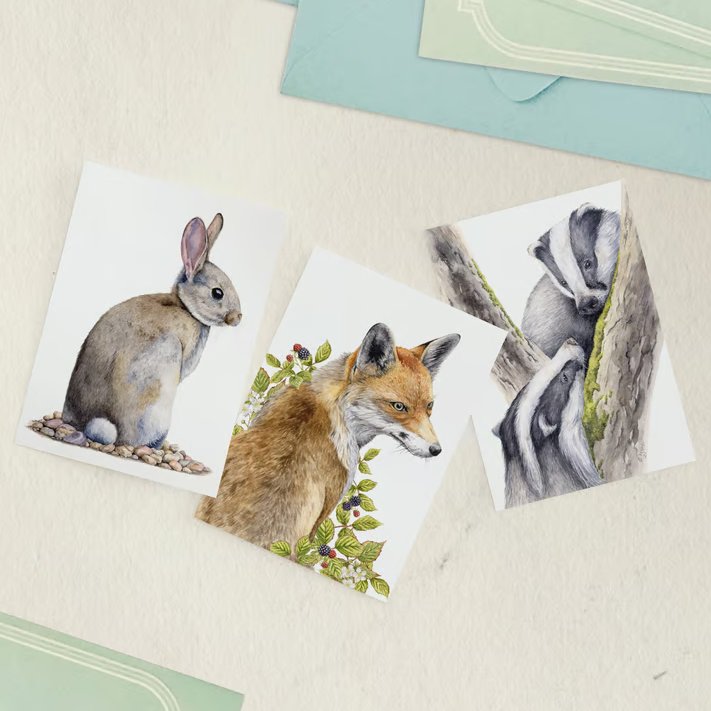 Wildlife greetings cards, pack of 3, A6 size blank notelets, fox, badger, rabbit