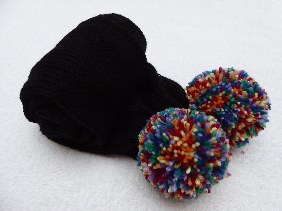 Black Skinny Tube Knit Scarf with Rainbow PomPoms