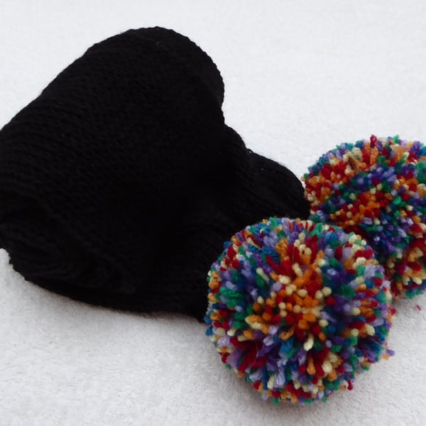 Black Skinny Tube Knit Scarf with Rainbow PomPoms