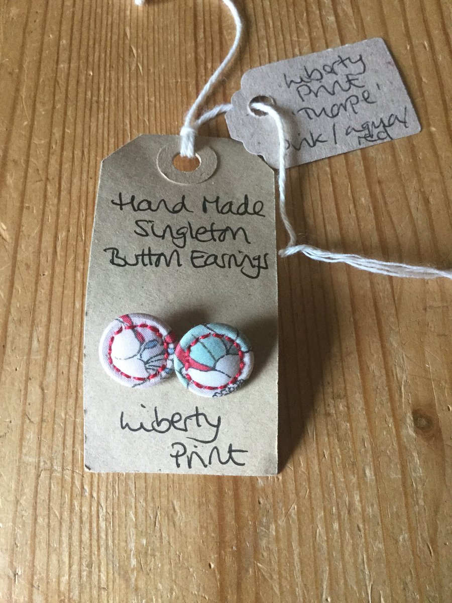 Dorset Button Earrings, Singletons with Liberty ‘Thorpe’, Pink, Aqua and Red