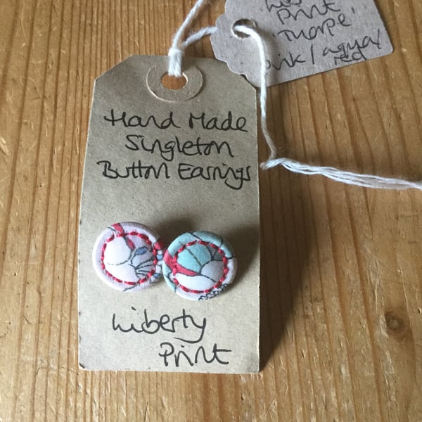 Dorset Button Earrings, Singletons with Liberty ‘Thorpe’, Pink, Aqua and Red