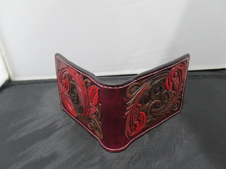 Handmade Leather Tooled Bifold Feather Wallet Dark Red