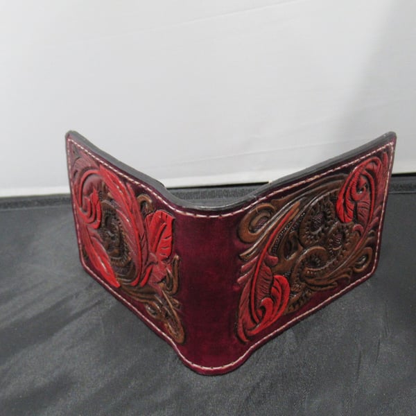 Handmade Leather Tooled Bifold Feather Wallet Dark Red