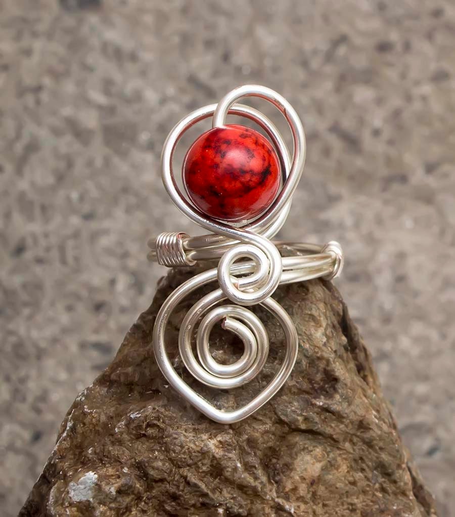 Silver ring,adjustable wire wrapped ring. Red   ring.