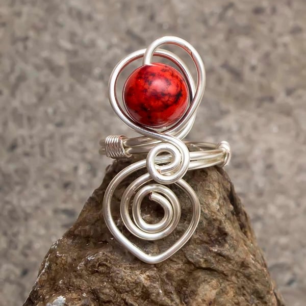 Silver ring,adjustable wire wrapped ring. Red   ring.