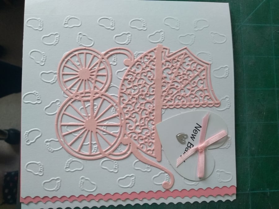 Pink fancy pram new baby girl card