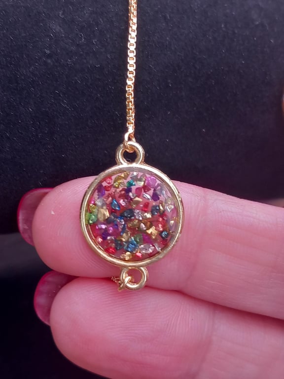 Slider bracelet gold plated,Resin & multicoloured glass fragments slider bracele