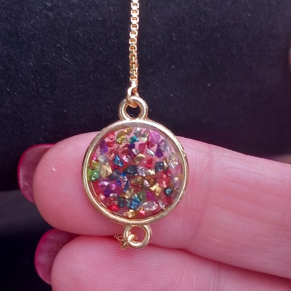 Slider bracelet gold plated,Resin & multicoloured glass fragments slider bracele