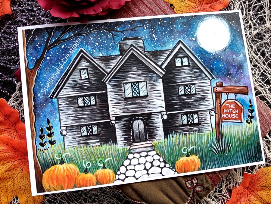 Halloween At The Witch House, Quality A5 Print, Salem, Whimsical, Original Art,