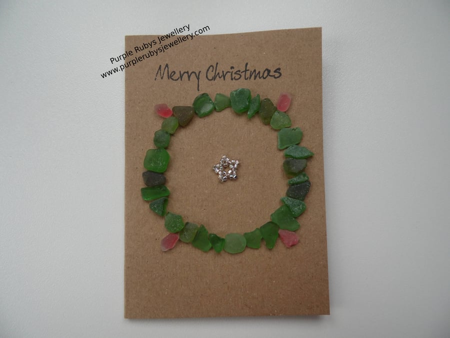 Sea Glass Christmas Wreath & Silver Star Christmas Card C268