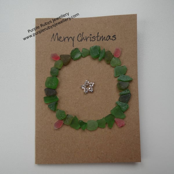Sea Glass Christmas Wreath & Silver Star Christmas Card C268
