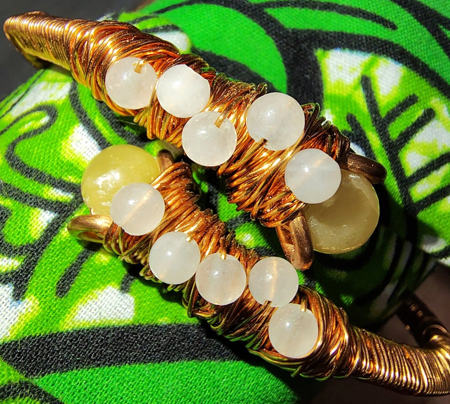 Copper Wire Wrapped Aragonite & White Jade Crystal Bangle