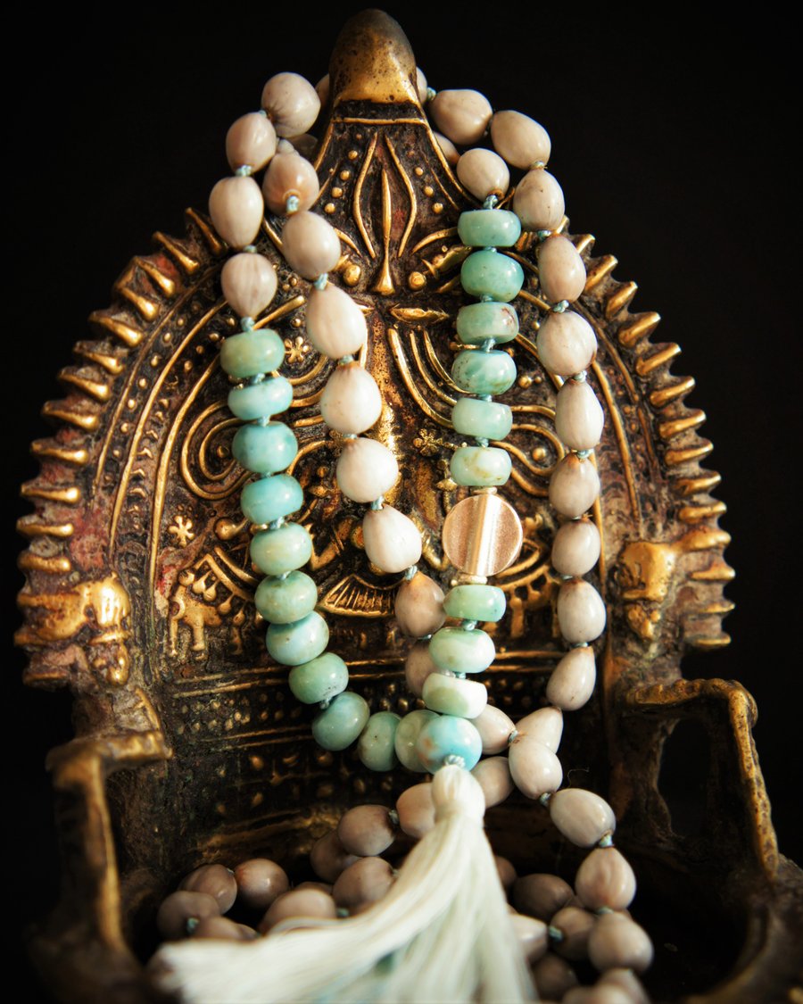 108 Throat Chakra Mala, Larimar ,Silver Charm and Vaijayanti Seed Yoga Necklace