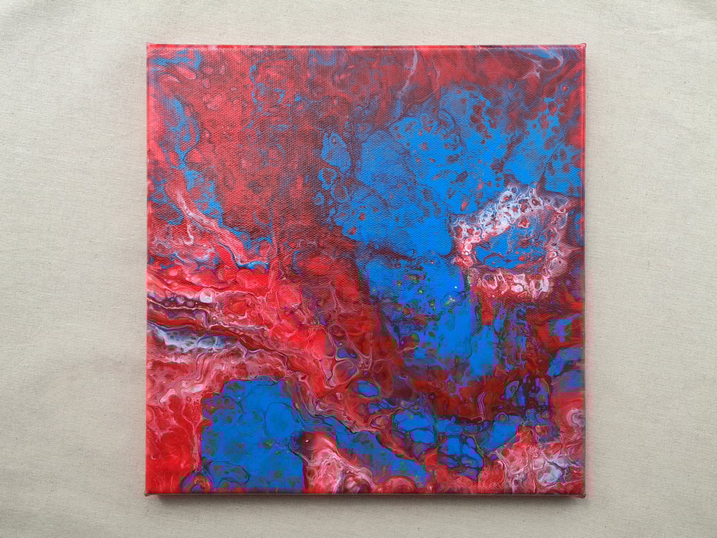 Acrylic Pour Art Canvas, Wall Art - Red, Blue & White Colour Scheme