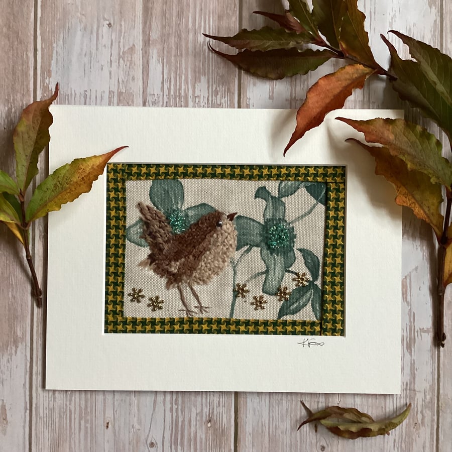 Textile Wren art, hand stitched bird picture, fabric wren, bird lovers gift
