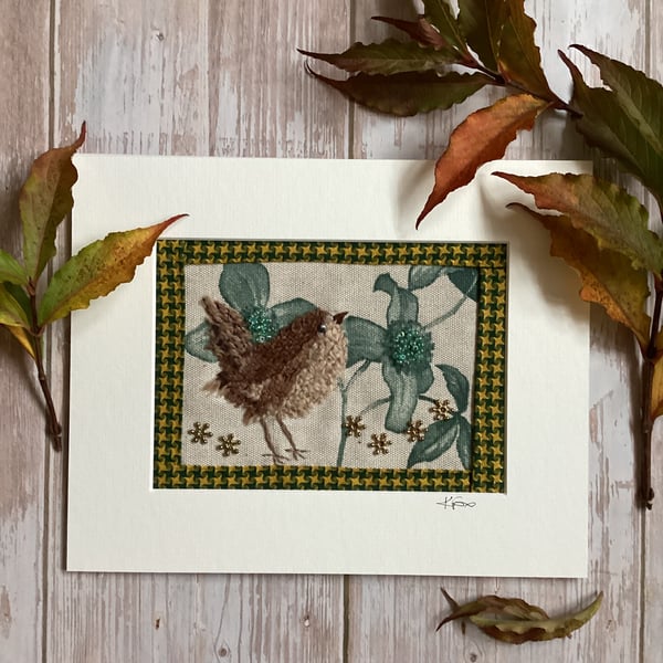 Textile Wren art, hand stitched bird picture, fabric wren, bird lovers gift