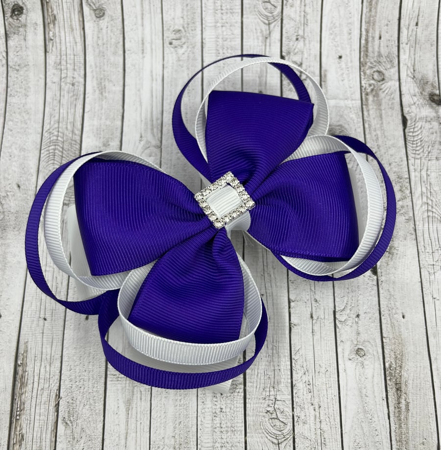 Large 5 inch Purple and White Double Layer Bow with Double Loops