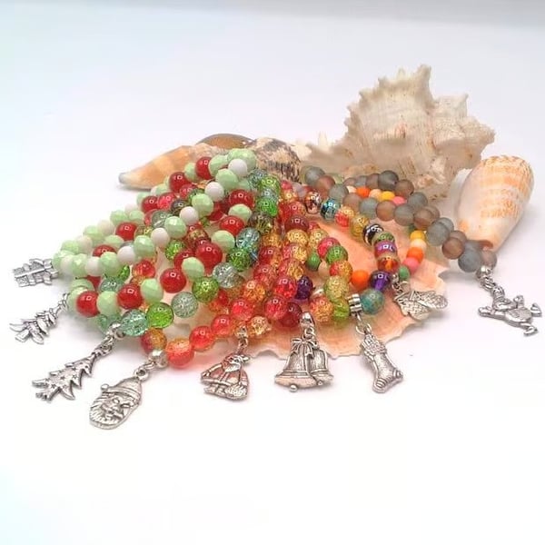 Christmas Themed Stretch Bracelets with Beads & Charms,  Secret Santa, Christmas