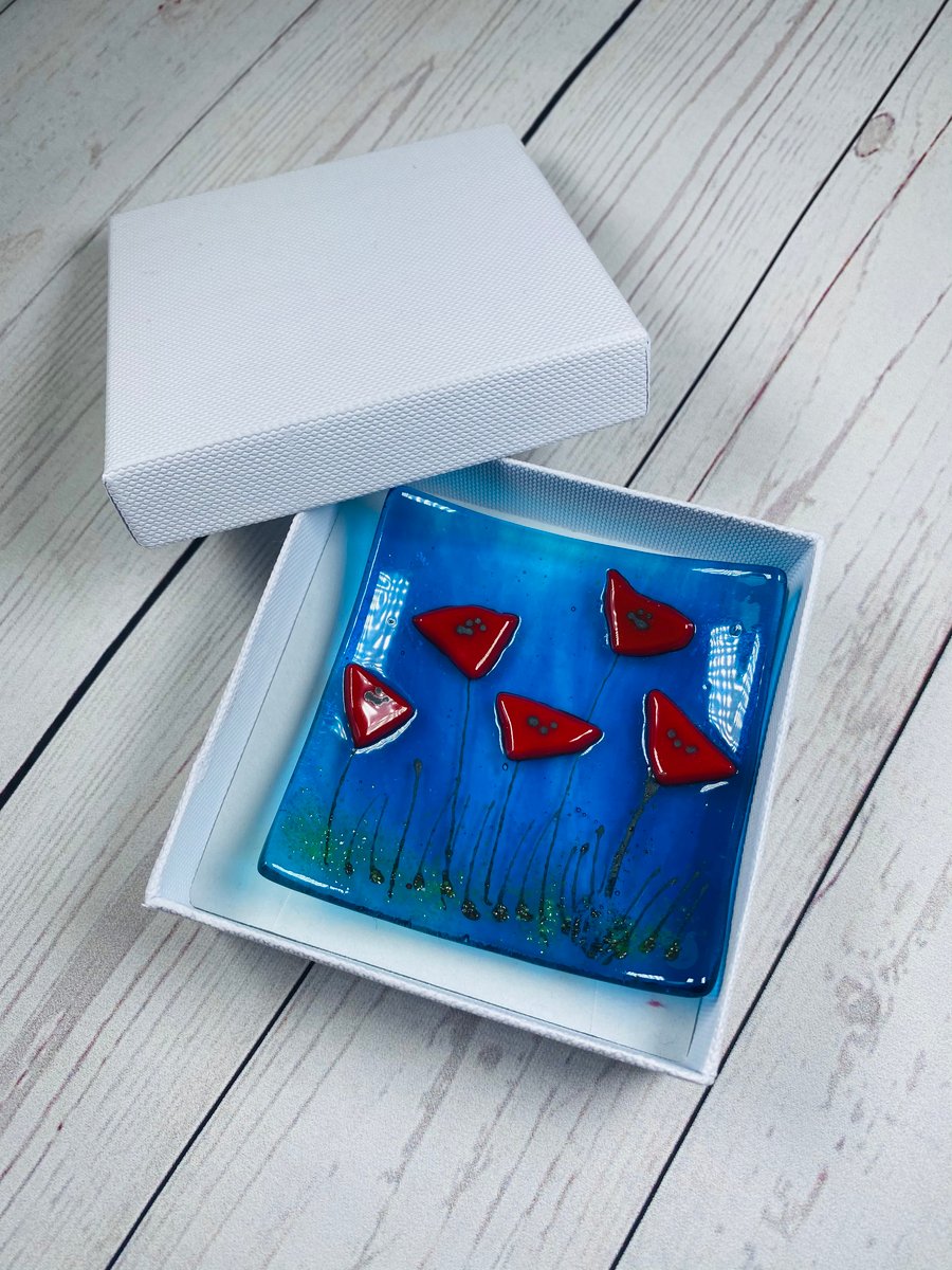 fused glass dish, poppies