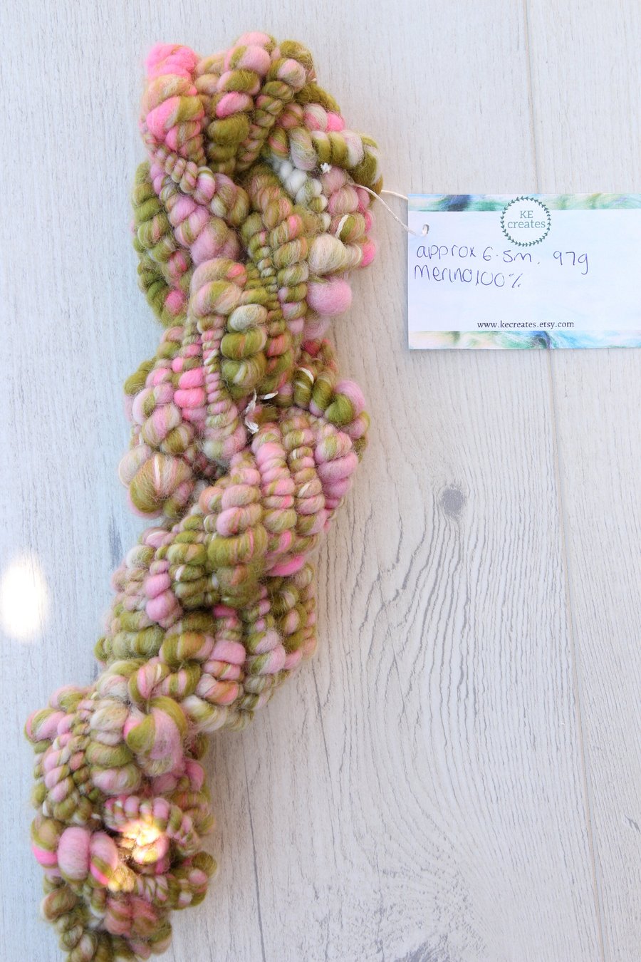 Green and Pink Handspun Art Yarn, Coiled Beehive Yarn, Chunky Spindle Spun Yarn