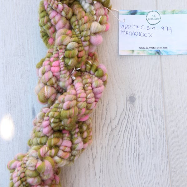 Green and Pink Handspun Art Yarn, Coiled Beehive Yarn, Chunky Spindle Spun Yarn