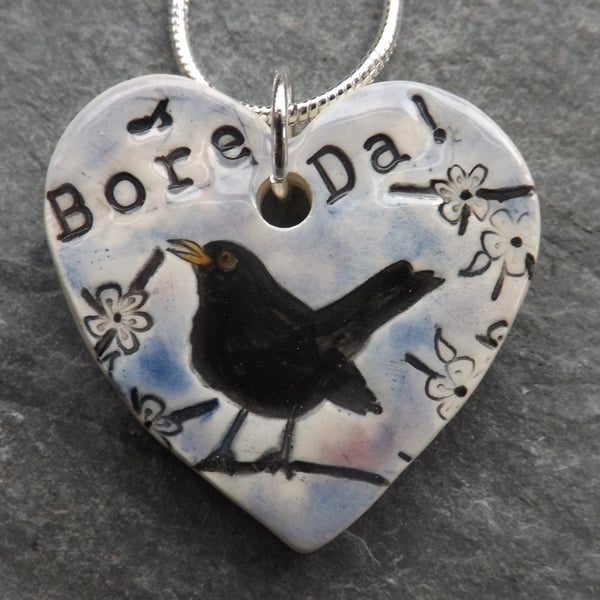 Handmade Ceramic Bore Da Blackbird heart pendant