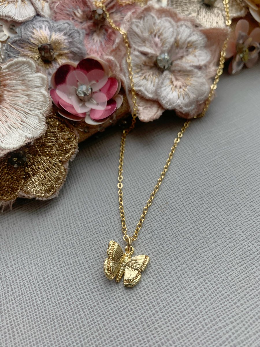 Butterfly Pendant Necklace - Dainty Cable Chain - Multi Layer 