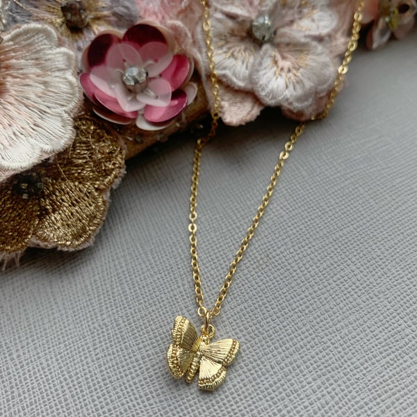 Butterfly Pendant Necklace - Dainty Cable Chain - Multi Layer 