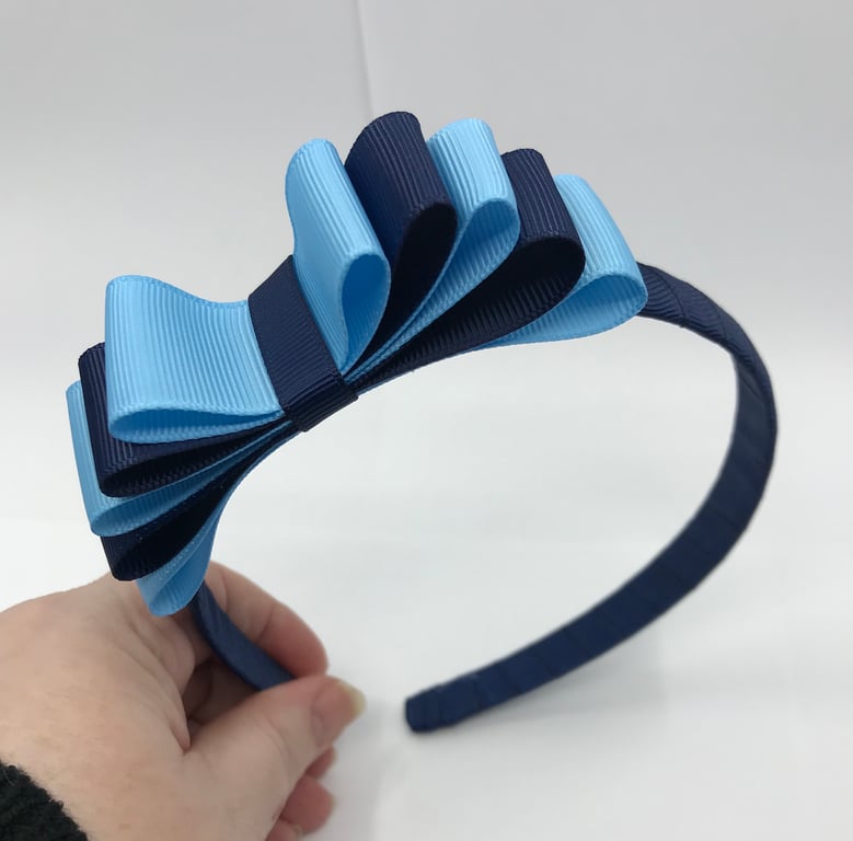 Navy Hairband with 5 Layer Navy and Light Blue Two-tone Straight Bow