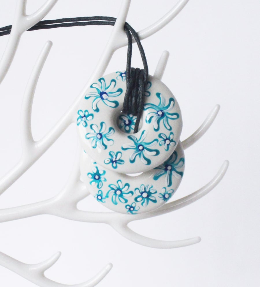 Hand Painted Blue and White Floral Double Stacked Donut Shaped Ceramic Pendant