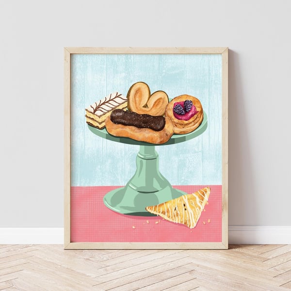 Pastries Art Print – Illustrated Cake Stand Dessert Wall Art