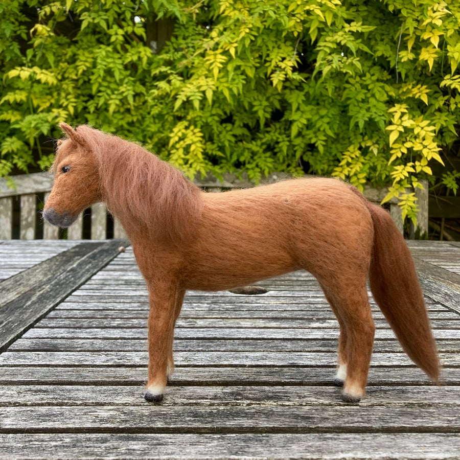 Needle felted chestnut horse woollen sculpture