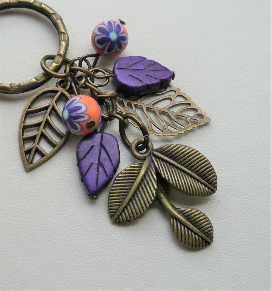 Purple Orange Antique Bronze Leaf Howlite Poly Clay Keyring Bag Charm   KCJ2275