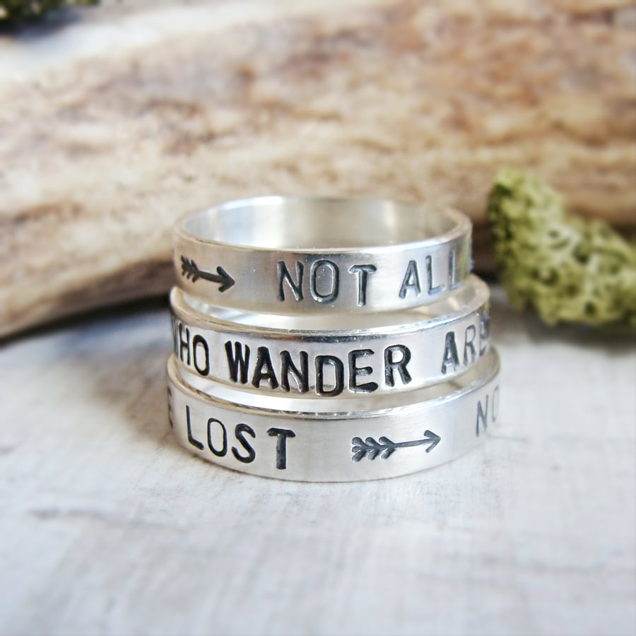 Not All Who Wander Are Lost Stamped Quote Sterling Silver Stacking Ring